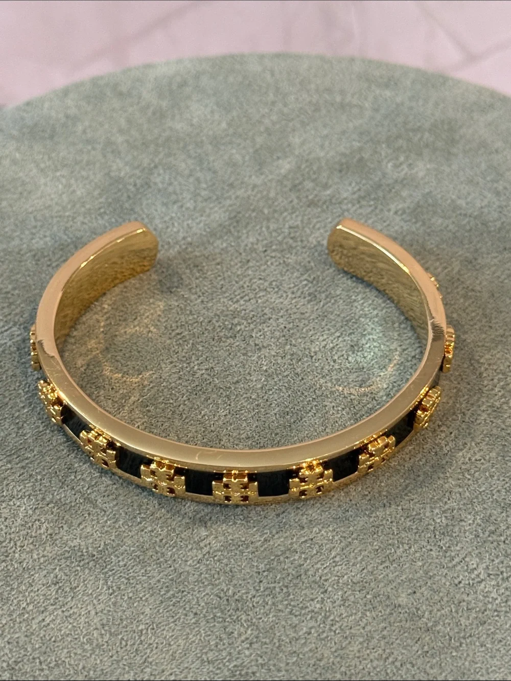 Tory Burch | Gold Plated Cuff Bracelet with Black Enamel Inlay | Small/Med